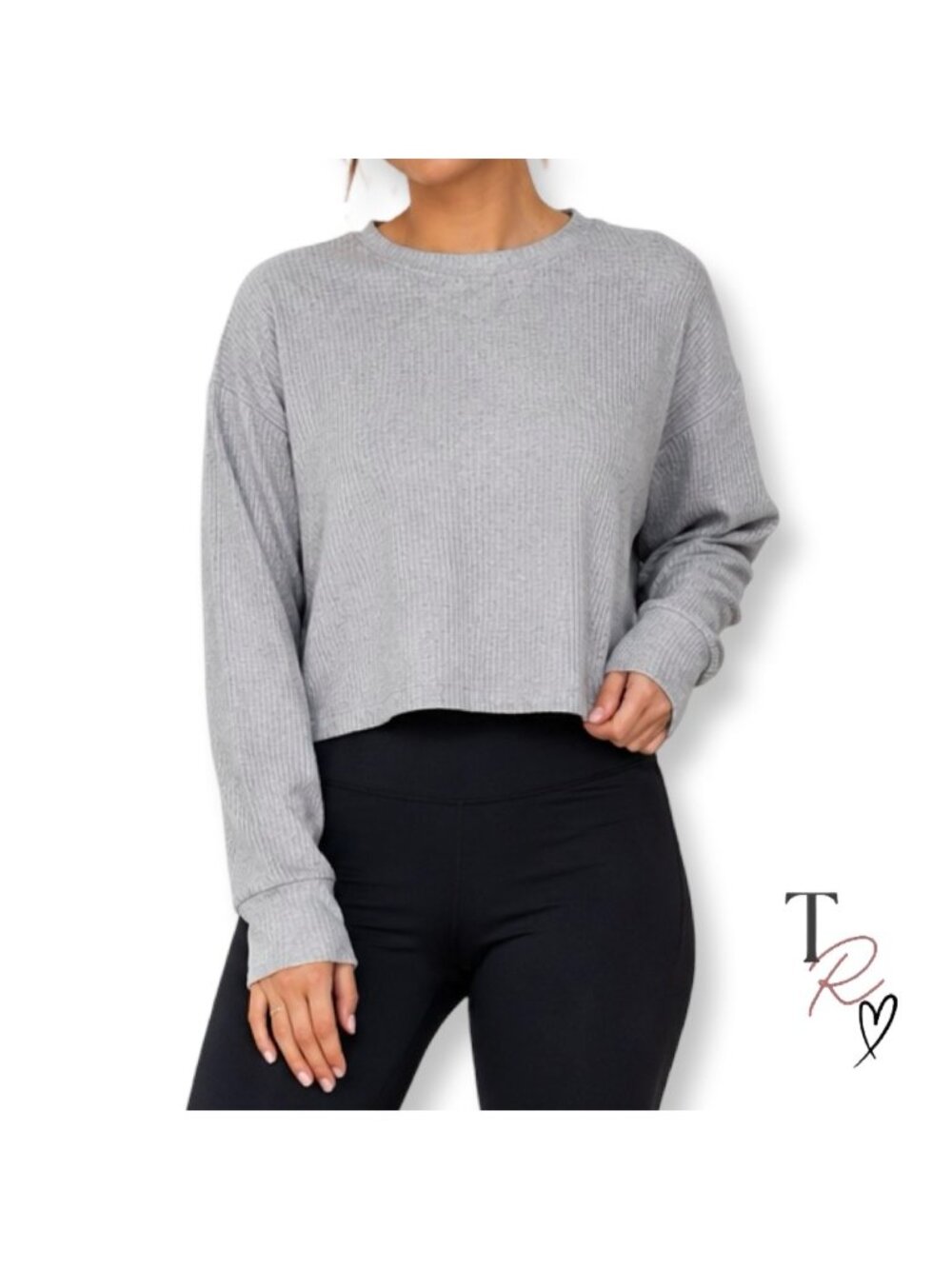 90 Degree By Reflex Gray Ribbed Cropped Long Sleeve Casual Loungewear Top Medium